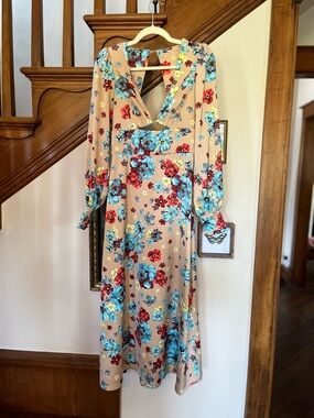 AFRM Beige Midi Dress with Blue & Red Floral Print